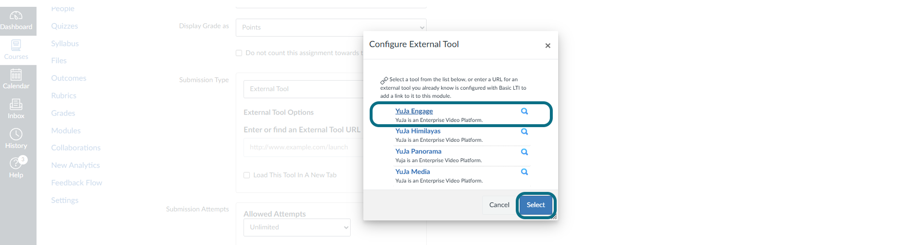Canvas : sélection de l'outil Engage