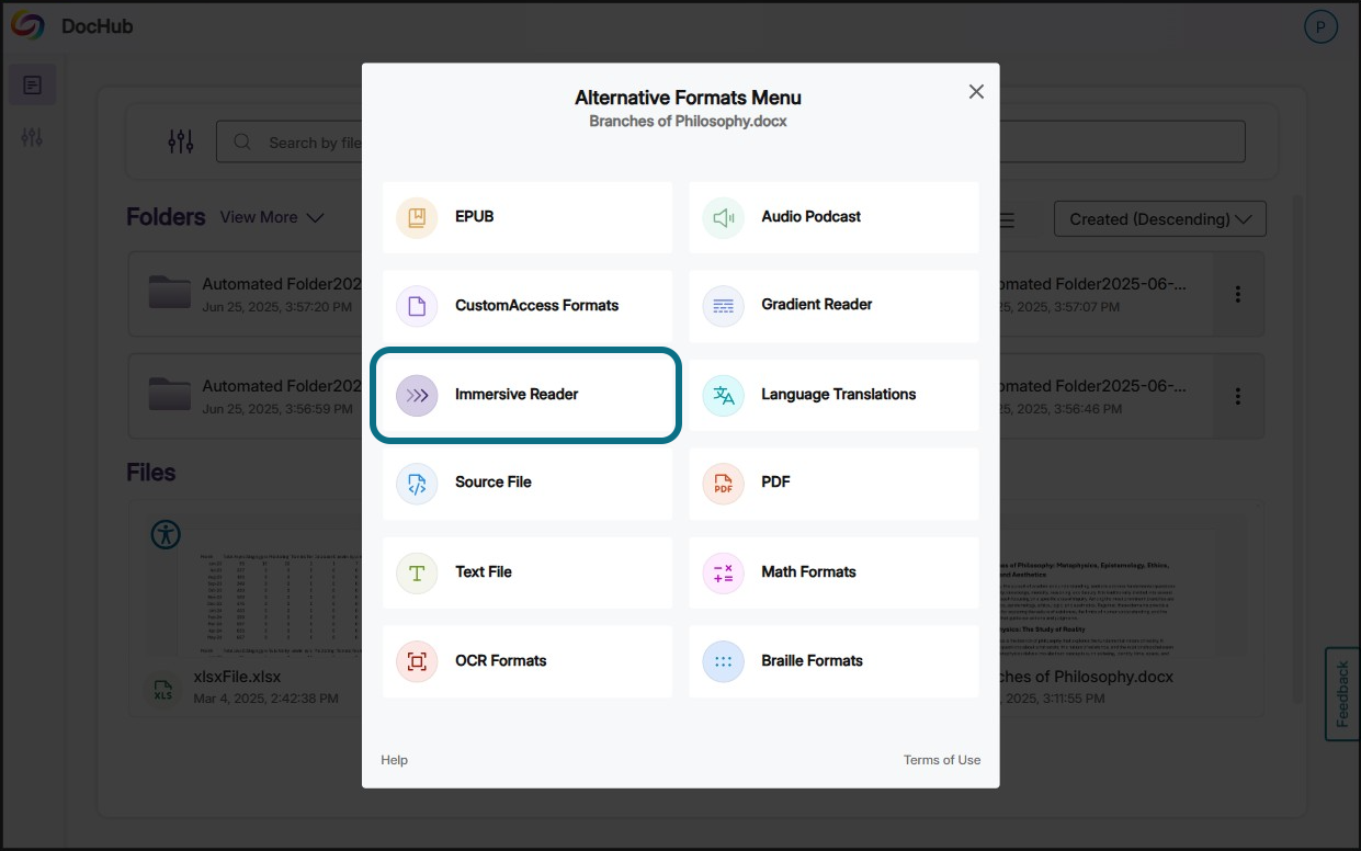 L'option Lecteur immersif dans le menu des formats alternatifs.