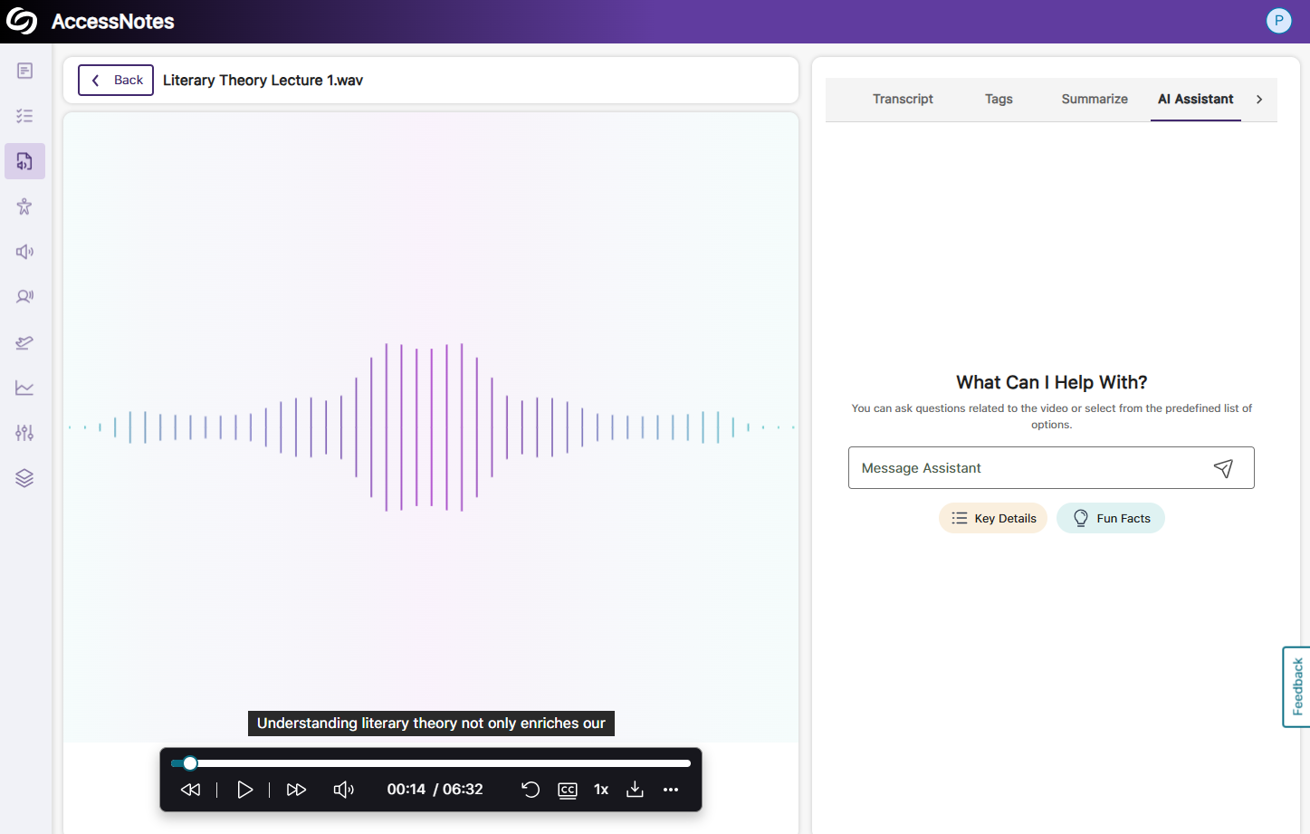 Une vue de la page de lecture audio d'AccessNotes.