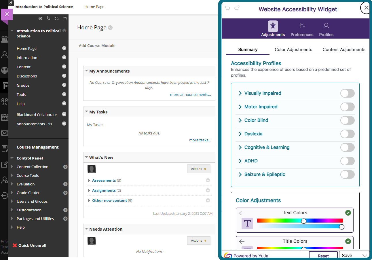 La page de cours Blackboard mettant en évidence le panneau du widget d'accessibilité du site Web.