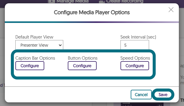 Fenêtre Configurer les options du lecteur multimédia avec les options de la barre de sous-titres, les options des boutons, les options de vitesse et le bouton Enregistrer mis en évidence.