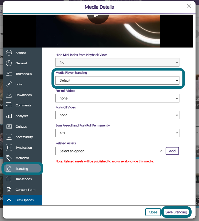 Vue de la fenêtre Détails sur les médias avec l'option Image de marque, le champ Marque du lecteur multimédia et le bouton Enregistrer l'image de marque mis en évidence.