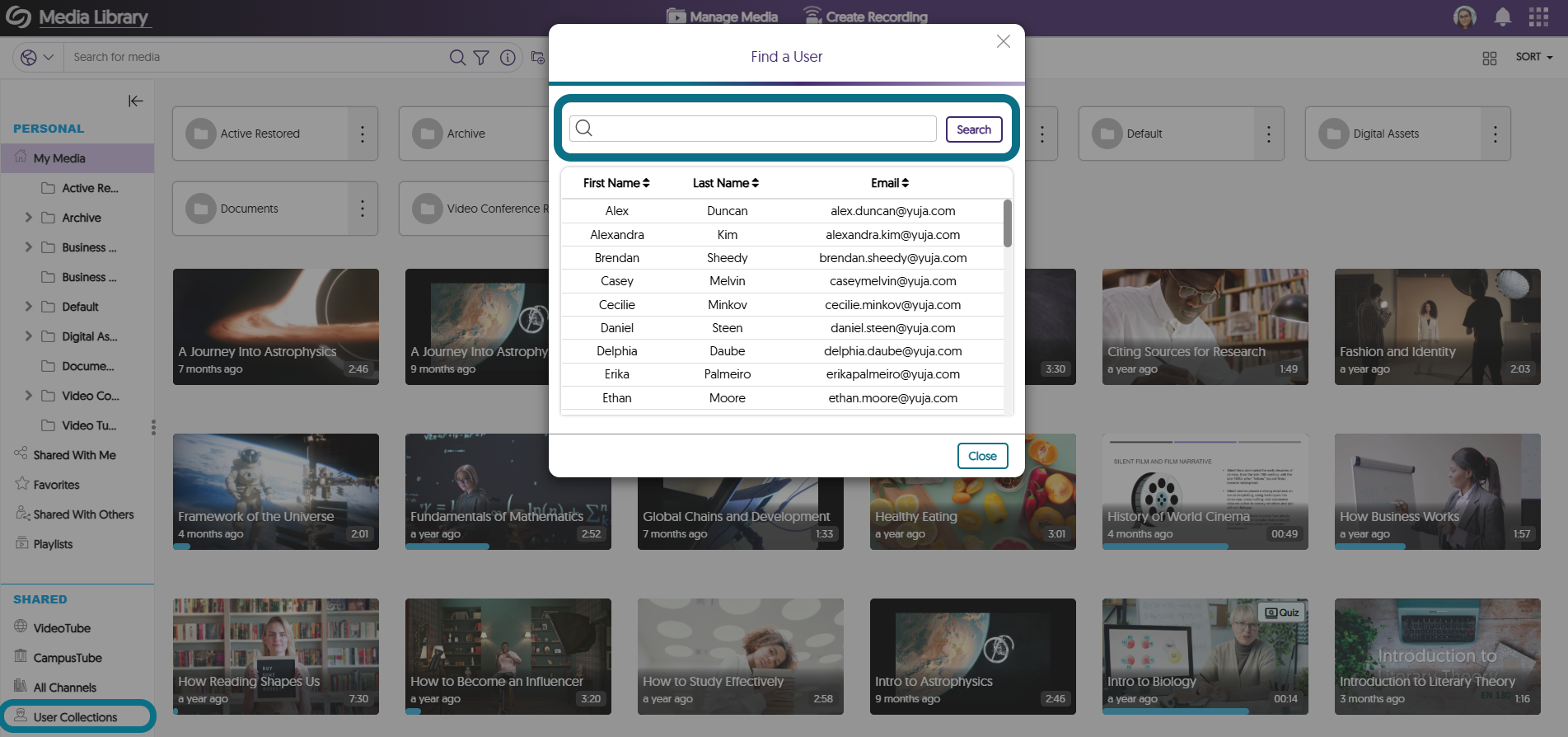 Image montrant la fenêtre Rechercher un utilisateur dans la plateforme vidéo, avec le bouton Collections de l'utilisateur et le champ de recherche mis en évidence.