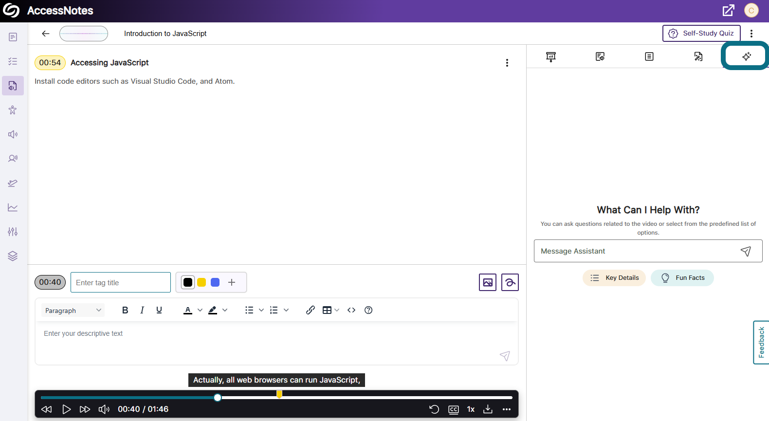 La page AccessNotes dans Panorama, avec le bouton Assistant IA mis en évidence dans le panneau latéral.