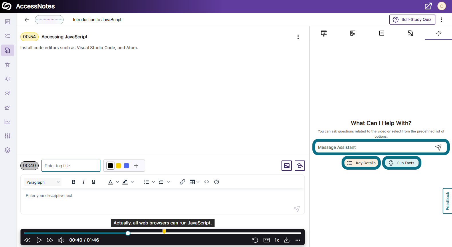 La page AccessNotes dans Panorama, avec la zone de texte Assistant de message et les options Informations clés et Faits amusants mises en évidence dans le panneau latéral.
