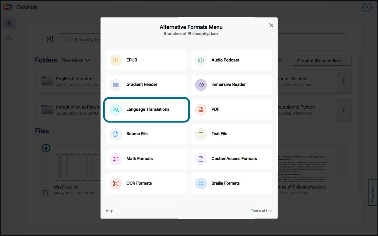 L'option Traductions linguistiques dans le menu des formats alternatifs.
