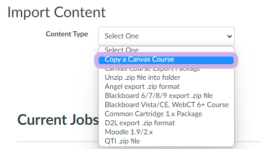 The content type menu is selected and Copy a Canvas Course is highlighted.