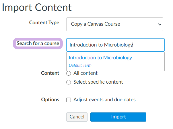 Within Import Content, Search for a course is highlighted.