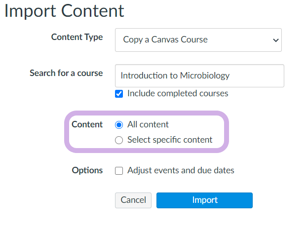 Within Import Content, the Content options are All content is selected and highlighted.