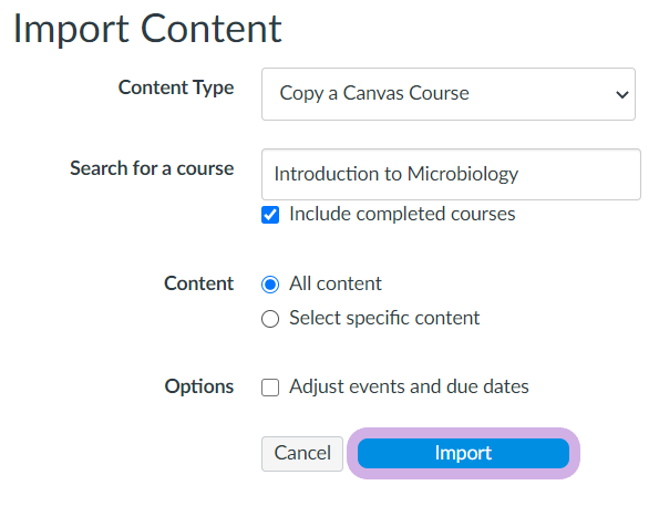 The Import button for import content is highlighted.