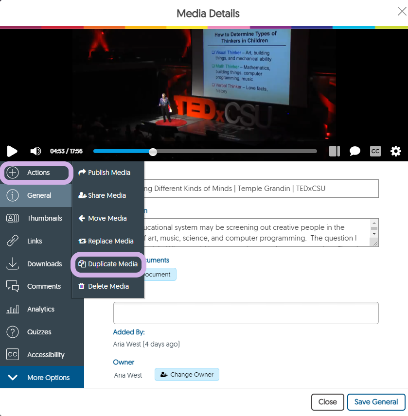 The media details panel for a video. The action drop-down menu has Duplicate Media highlighted.