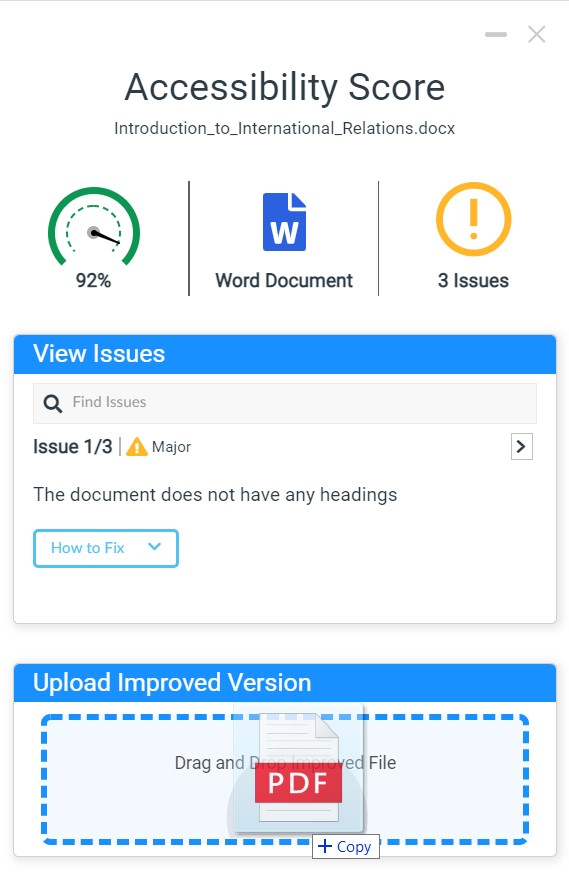 A new version of a document is being uploaded in the Accessibility Score panel.