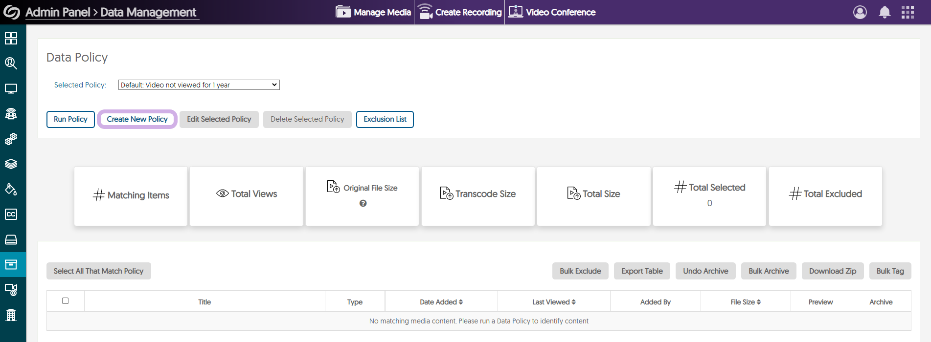 The Data MAnagemenet view with Create New Policy Highlighted.