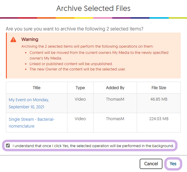 The Archive Selected Files window with the Checkbox and Yes button highlighted.