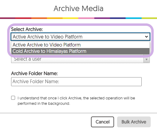 The Archive Media window with Select Archive highlighted.