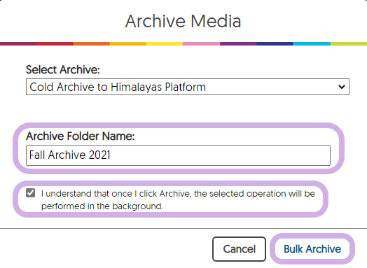 The Archive Media window with Folder name, the checkbox, and Bulk Archive button highlighted.