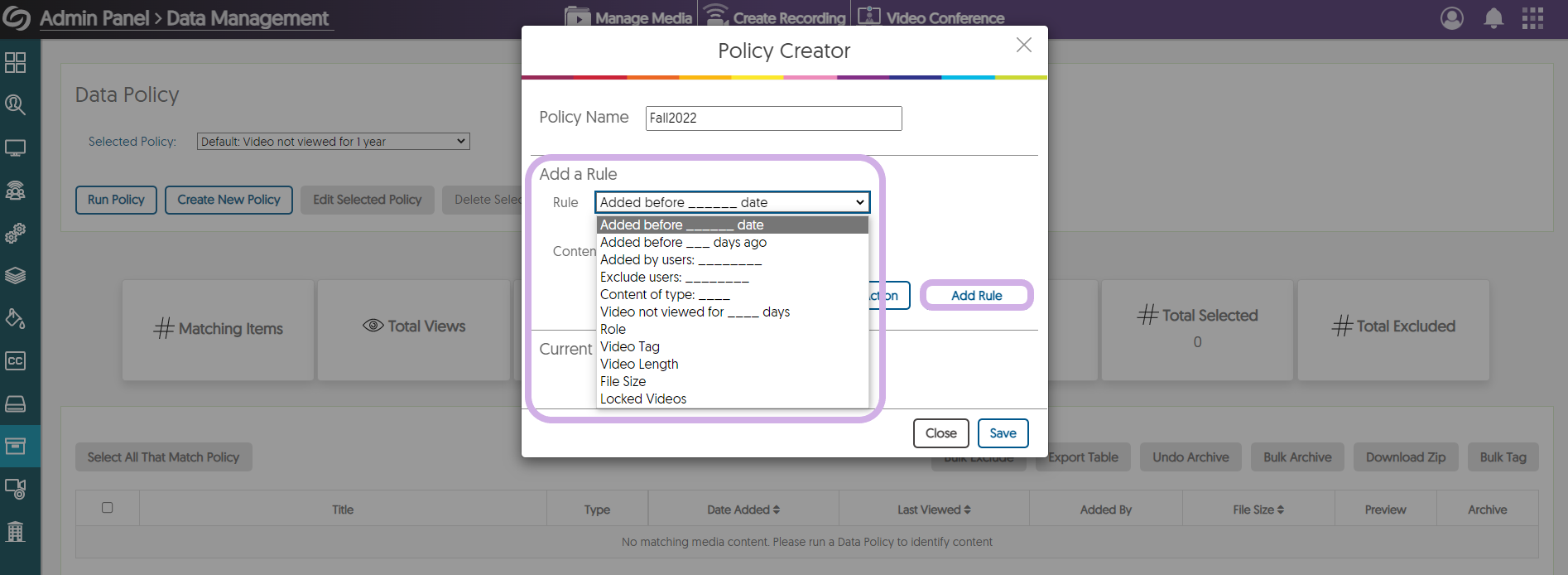 Policy Creator window with Add a Rule highlighted.