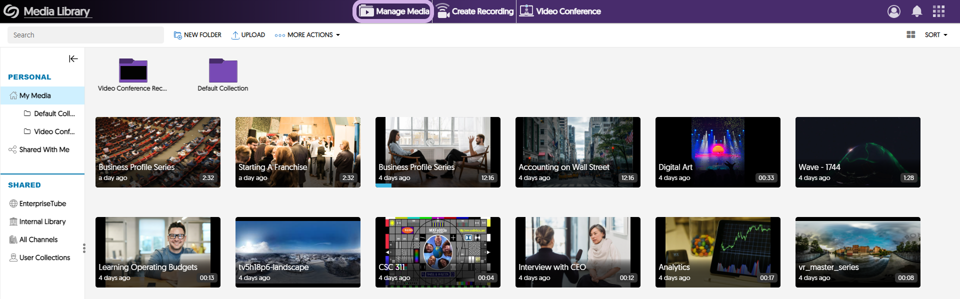 The Manage Media button is highlighted within the Video Platform.