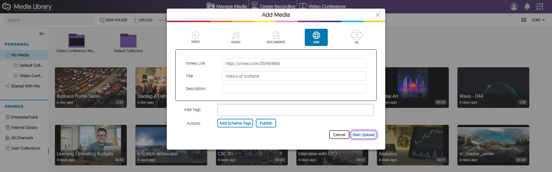 Add Media panel with Start Upload highlighted.