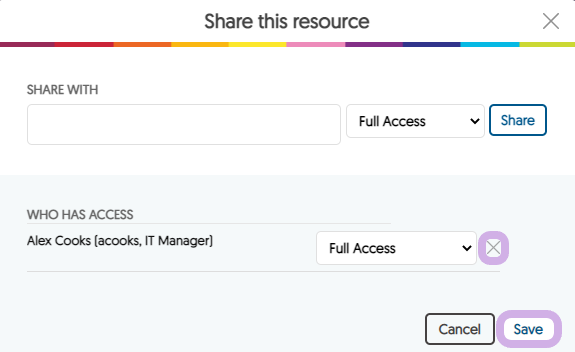 Share this resource window showing who has access access. An X is located next to the user to delete the user.