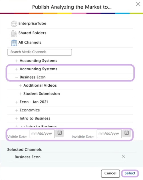Window to pubish connect to a specific location within the Video Platform. List of Channels and date range is available.