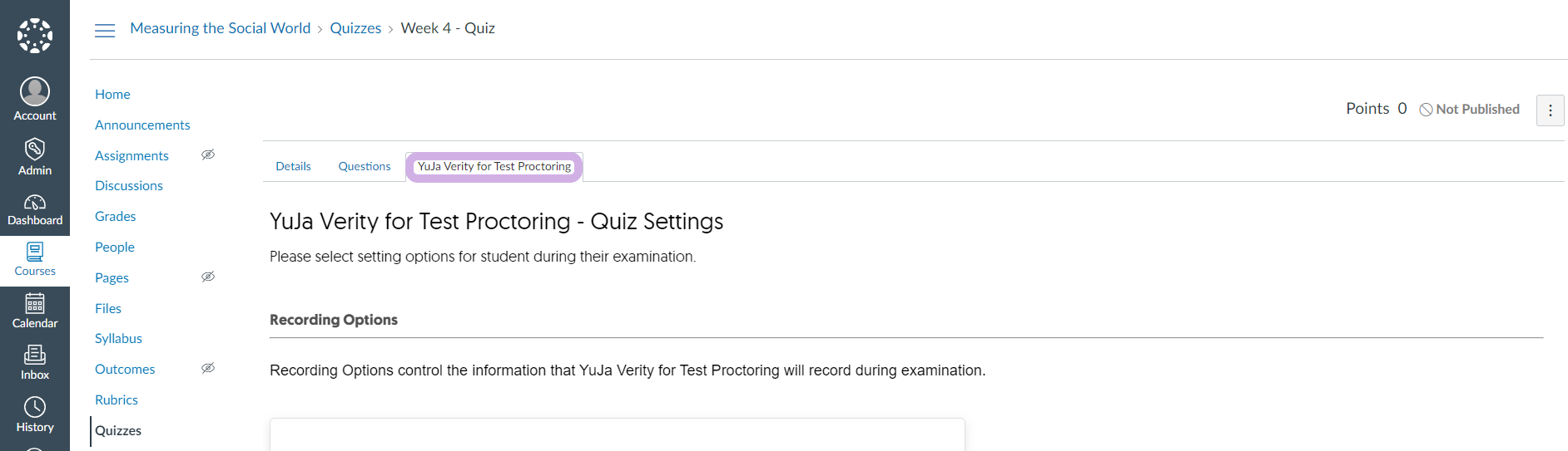 The YuJa Verity for Test Proctoring tab is selected from the editing quiz page.