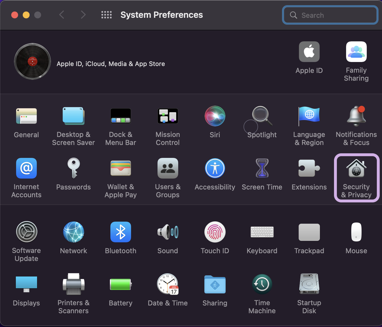 The Security and Privacy icon is highlighted within System Preferences.