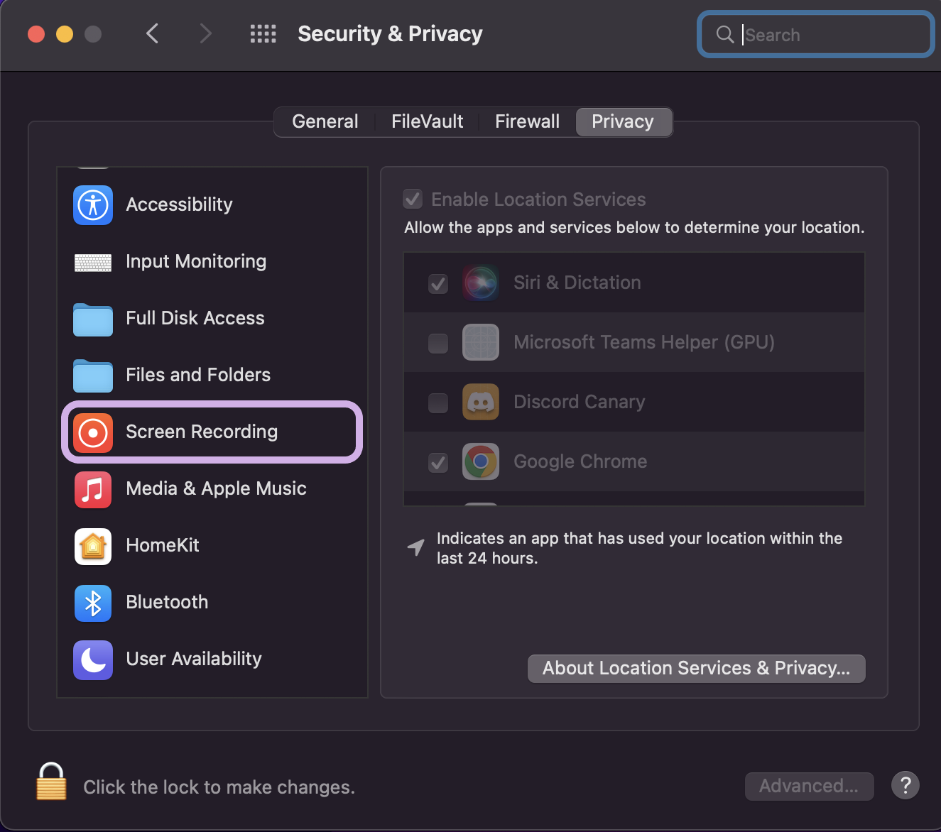 Screen Recording is highlighted within Security & privacy.