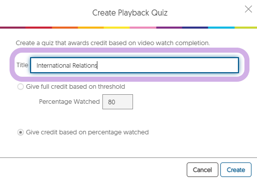 Create Playback Quiz window featuring the title field as highlighted.