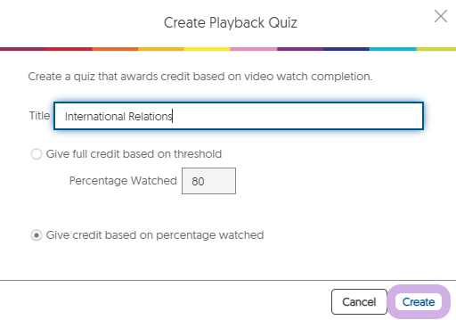 Create Playback Quiz with the Create button highlighted.