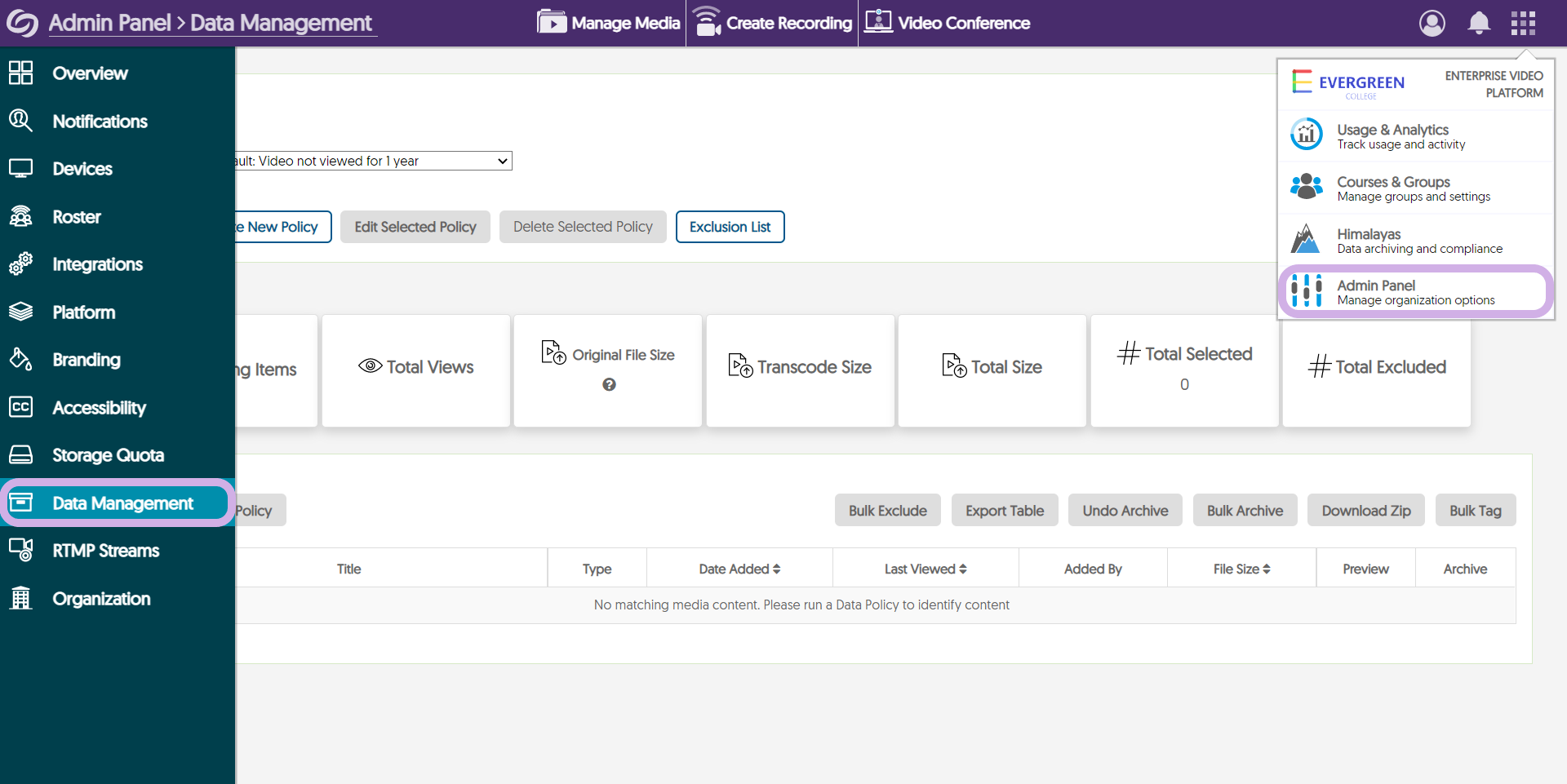 The Admin Panel tab is highlighted, along with the Data Management tab on the Data Management page.
