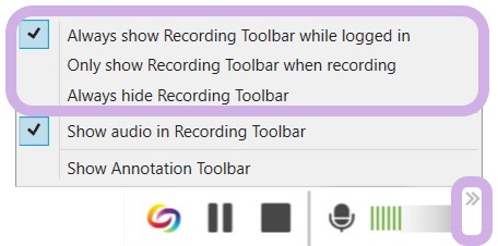 The Capture recording bar drop-down menu with Always show recording toolbar while logged in as selected and highlighted.