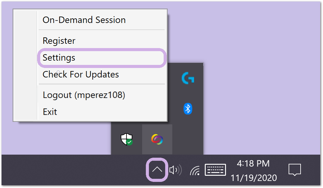The Hidden Icon panel on the windows toolbar features YuJa Software Capture icon. Icon has been right clicked and has the settings option highlighted.