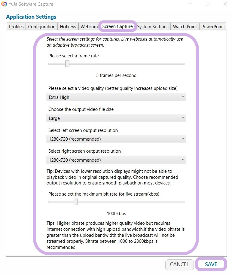 YuJa Software Capture Application Settings featuring settings for Screen Capture.