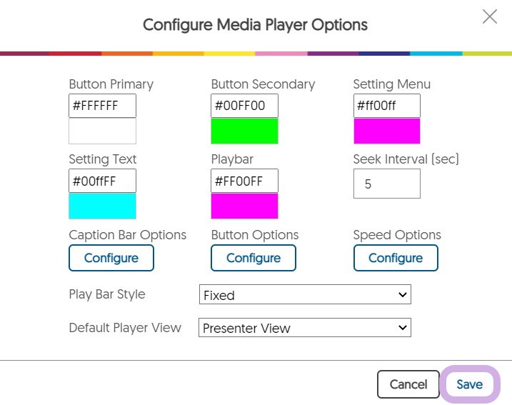 The Save button is highlighted in the Configure Media Player Options dialog.