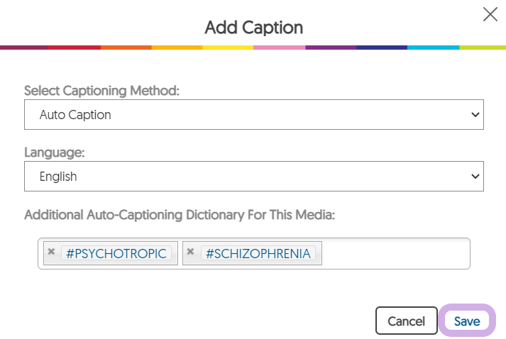 Add Captions window. Sleect Caption Method options, Language options and a field to enter words for the Auto-Captioning Dictionary.