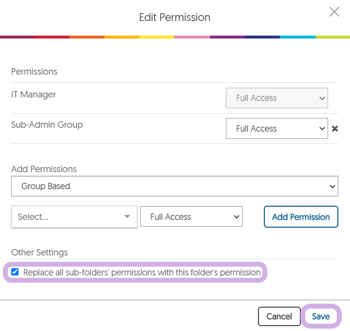 Replace all sub-folders' permissions with this folder's permission is checked and highlighted along with the Save button in the Edit Permission dialog.