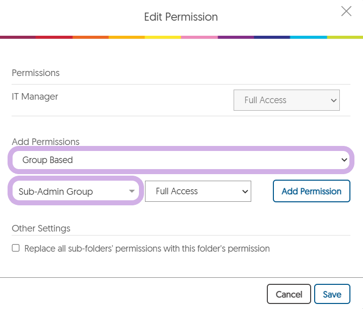 The Edit Permission dialog is open. Under Add Permissions, Group Based and Sub-Admin Group are highlighted.