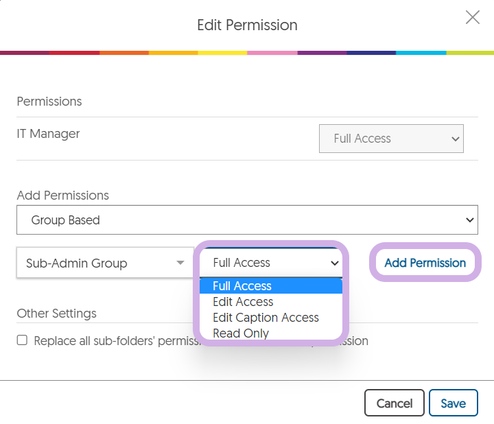 Full Access and the Add Permission button are highlighted in the Edit Permission dialog.