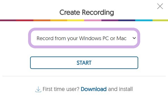 Create Recording window with REcord from your Windows PC or Mac selected from the drop-down menu.