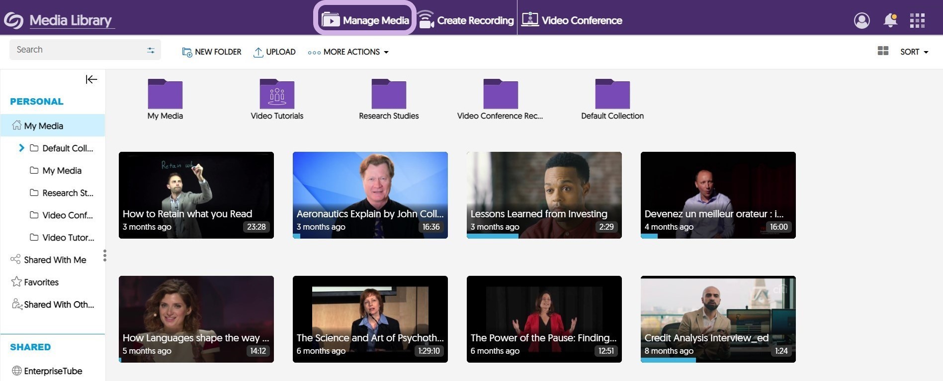 The Video Platform Manage Media page.