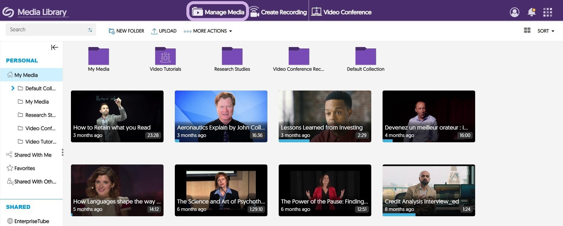 The Video platform main view with Manage Media highlighted.