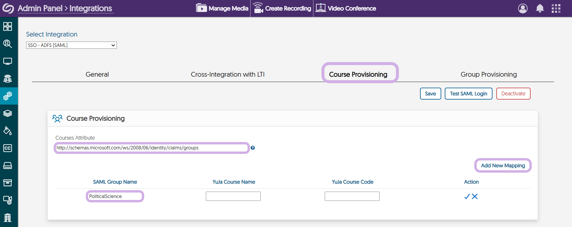The course provisioning tab is selected. Add new mapping is located to the far-right of the page and is selected. the course attribute is entered into the course attribute field located to the left of the page. UNderneath course attribute, the SAML Group Name is entered.