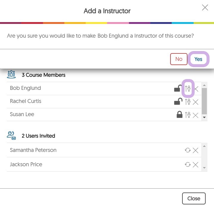 Add an Instructor module with the User Type icon and Save highlighted, asking to confirm to change member to instructor.