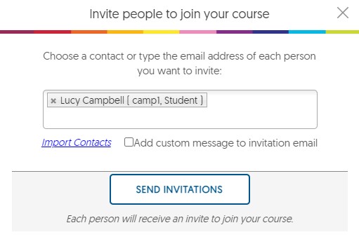 Invite to Course module with contact selected for invitation.