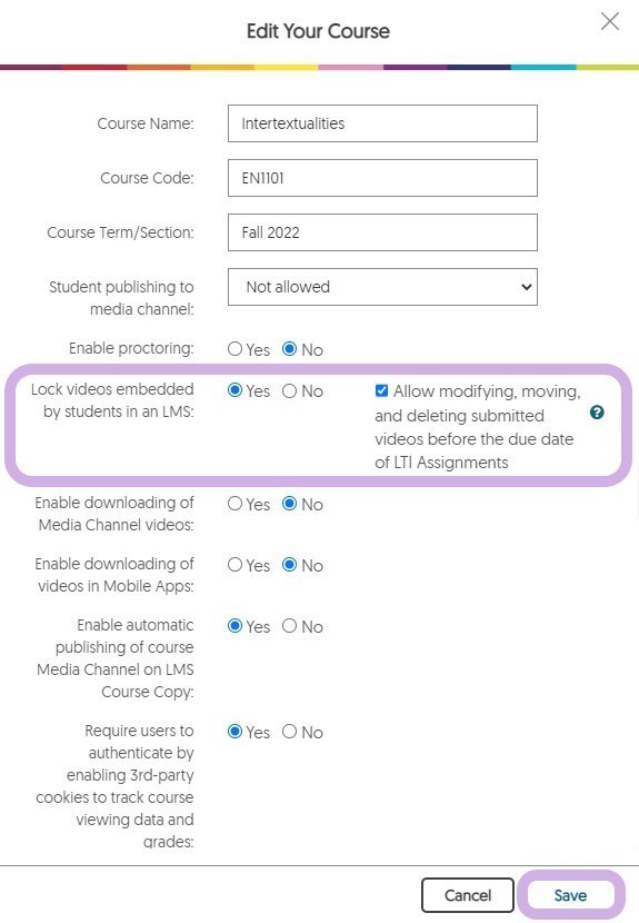 Edit Your Course module with Lock videos embedded by students in an LMS highlighted and Allow modifying, moving, and deleting submitted videos before the due date of LTI Assignments checked.