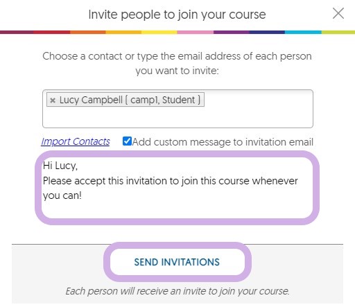 Invite people to join your course module with a custom message to please accept this invitation and the Send Invitations button highlighted.