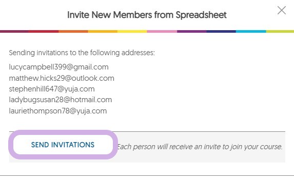 Invite New Members From Spreadsheet module with a list of email address and the Send Invitations button highlighted.