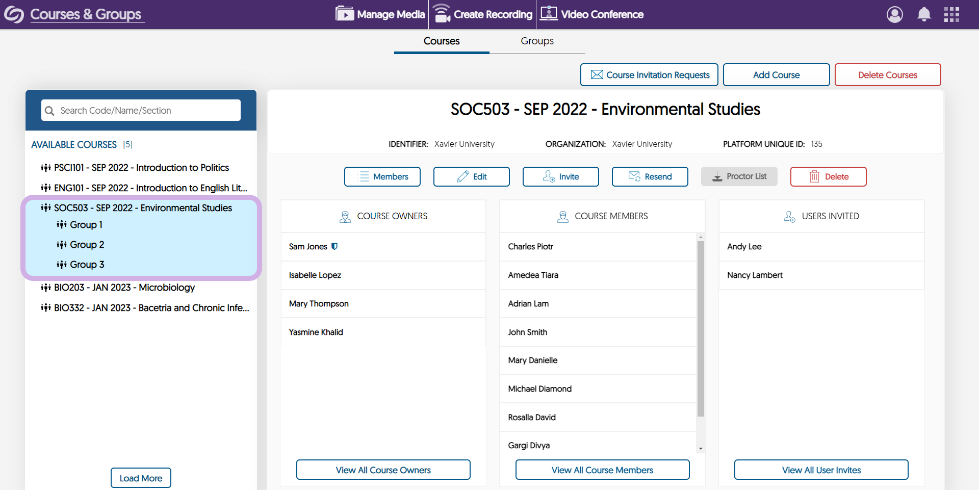 In the available courses menu located on the left side of the screen, a course is selected. Course owners, course members, and users invited are shown in three columns
