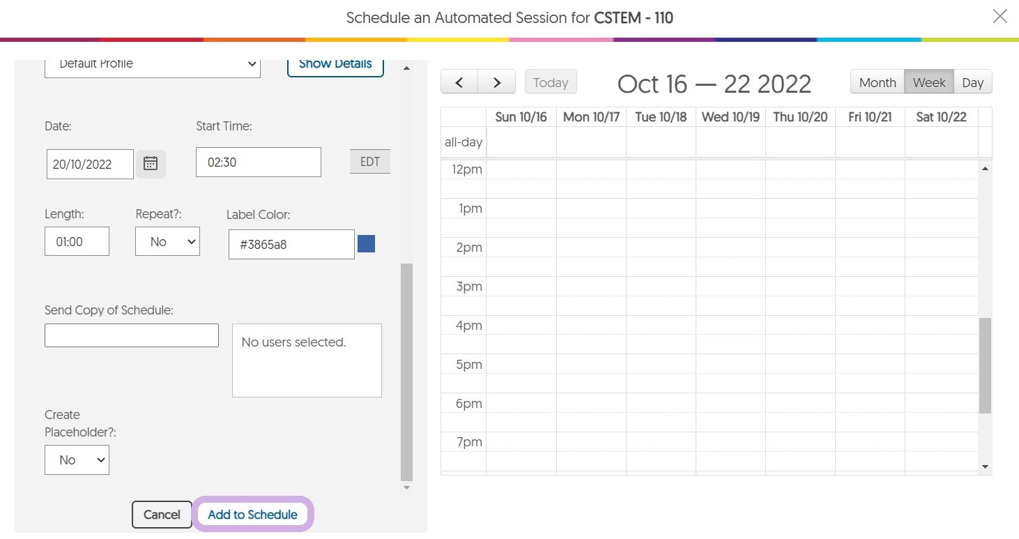 The Schedule Session page with details filled out and the Add to Schedule button highlighted.